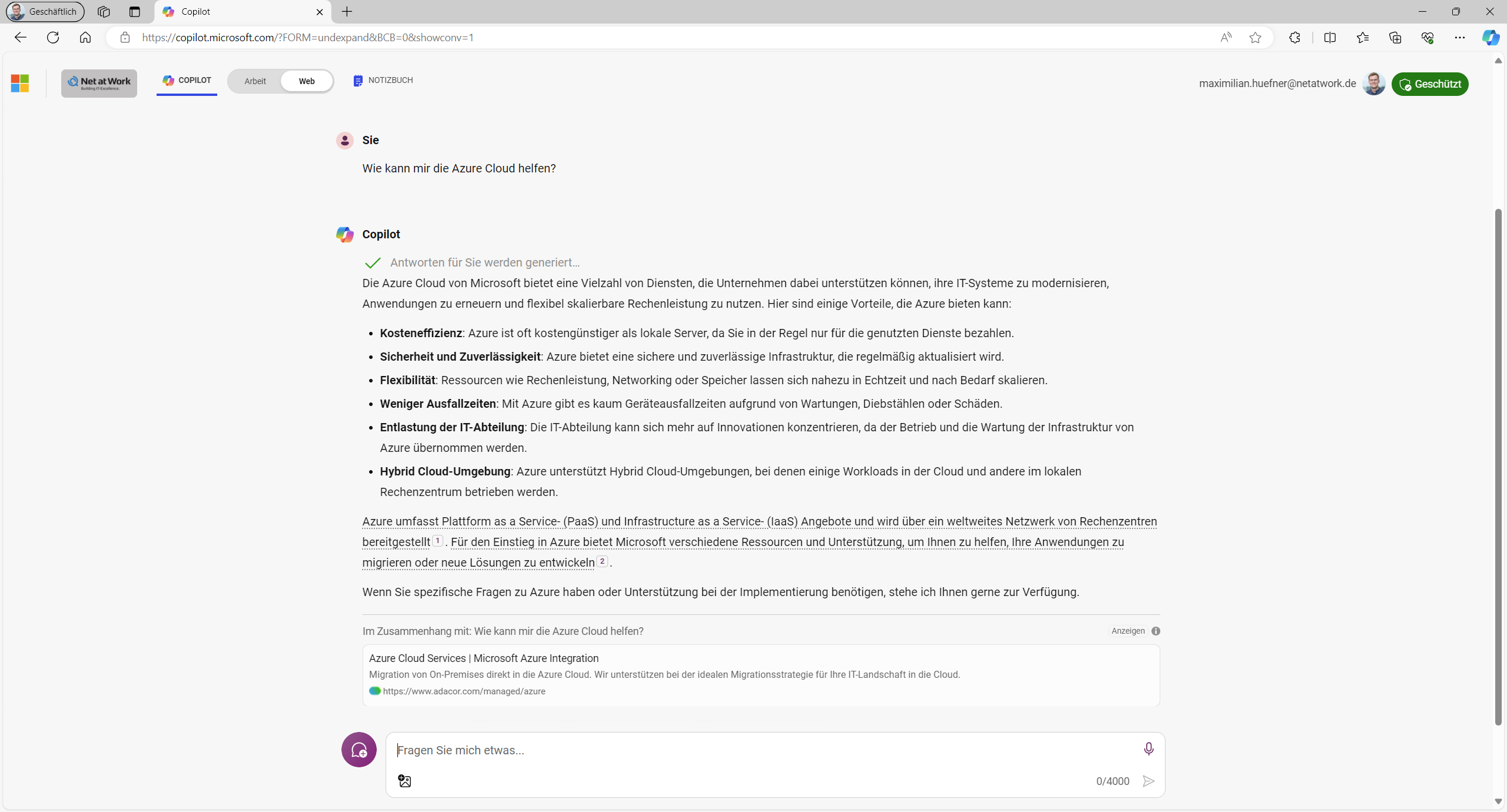 Screenshot von Microsoft 365 Copilot. Frage: Wie kann mir die Azure Cloud helfen?