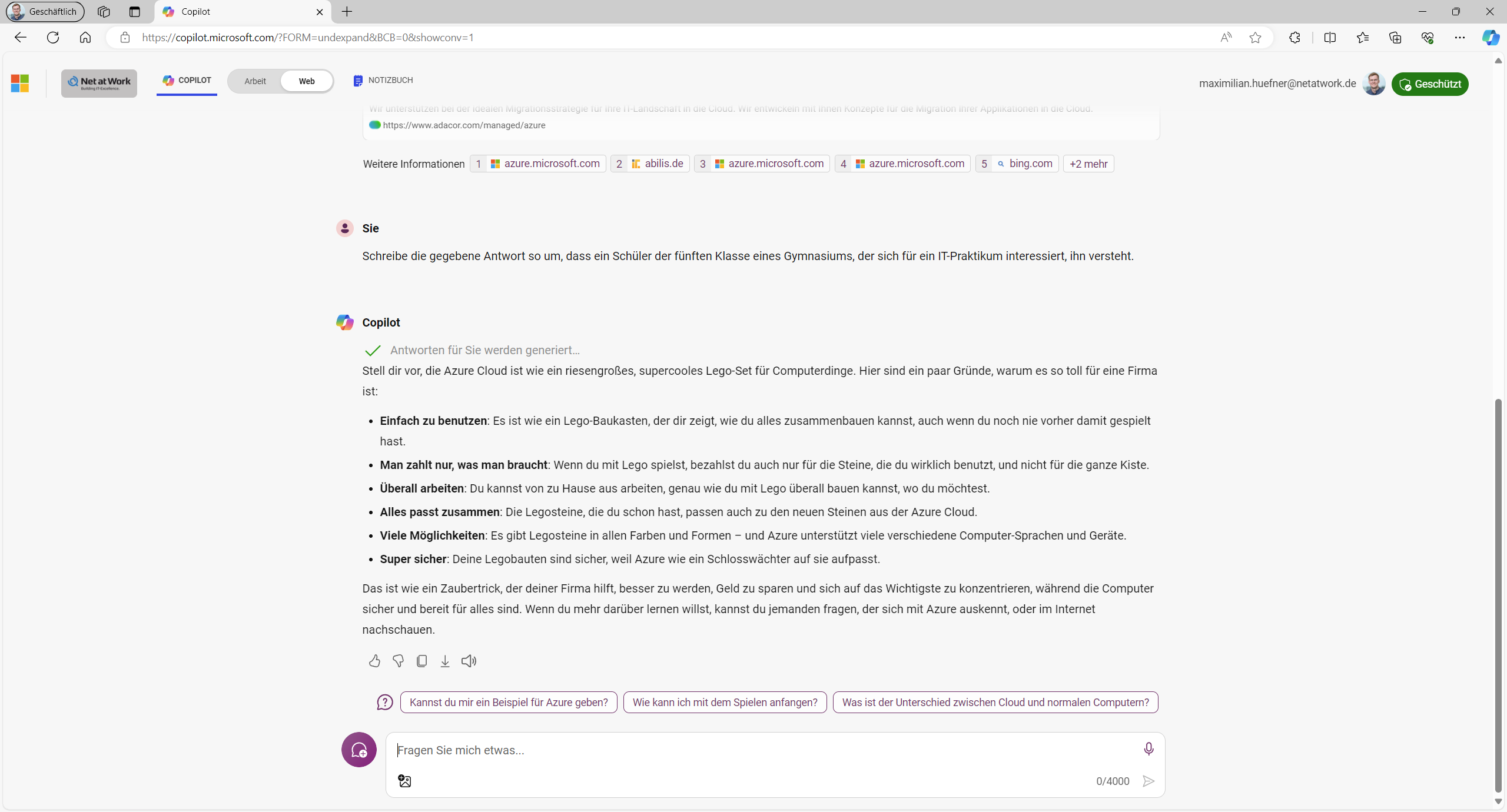 Screenshot von Microsoft 365 Copilot. Wie kann mir die Azure Cloud helfen – Zielgruppe Schüler eines Gymnasiums 5. Klasse