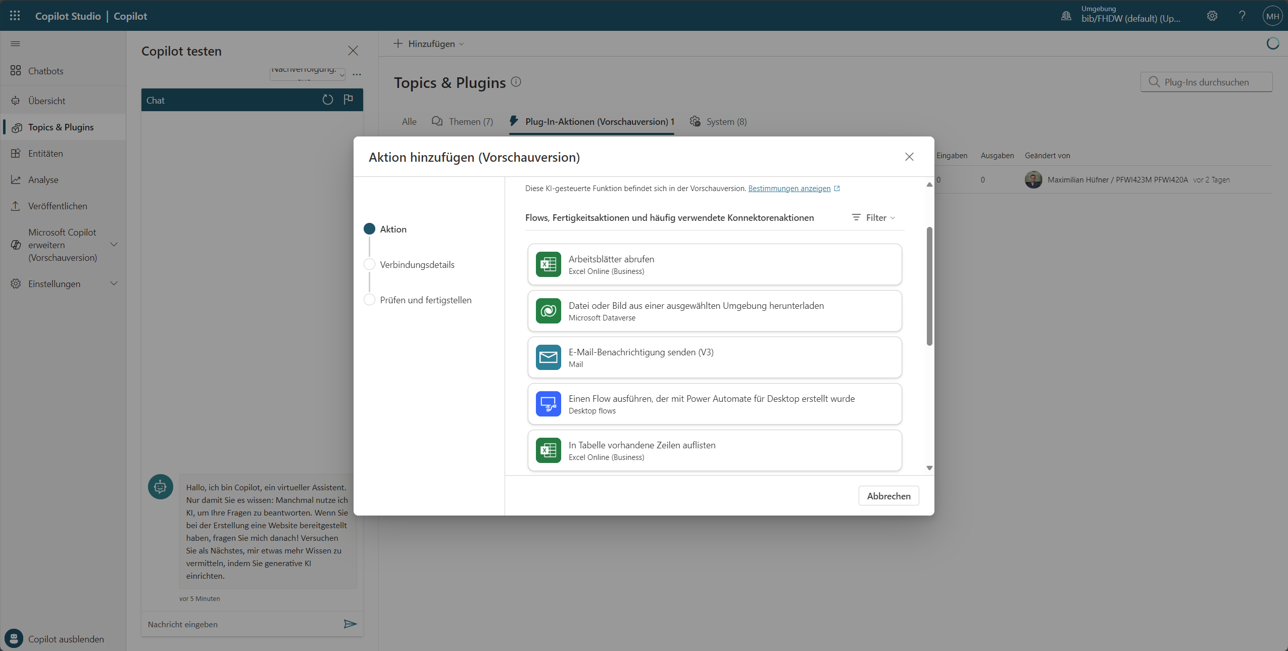 Vorkonfigurierte Aktionen zum Einbinden in Microsoft Copilot Studio