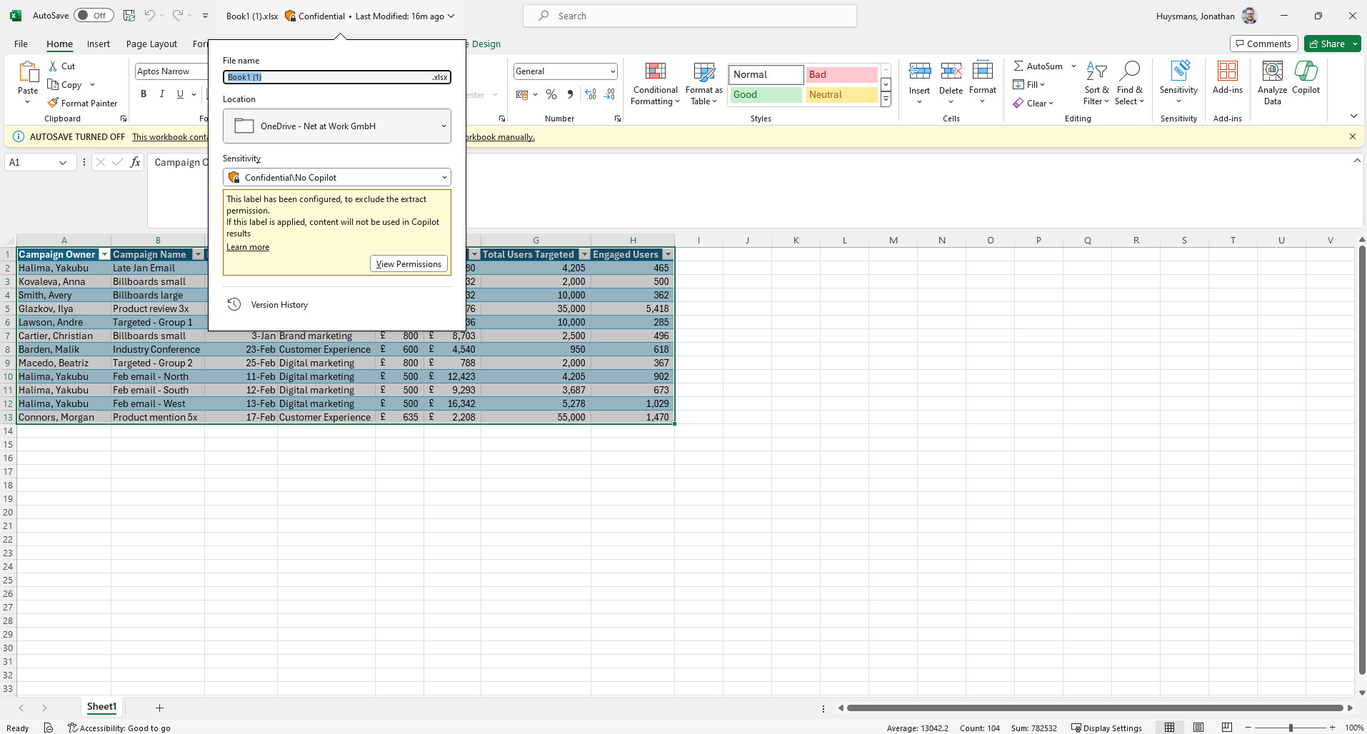 Sensitivitätslabel in Excel No Copilot